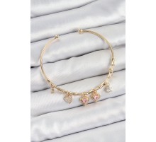 Pirinç Zirkon Taşlı Pembe Kalp Model Gold Renk Charm Bileklik - TJ-BB7356