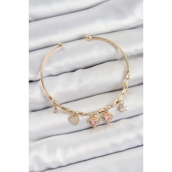 Pirinç Zirkon Taşlı Pembe Kalp Model Gold Renk Charm Bileklik - TJ-BB7356