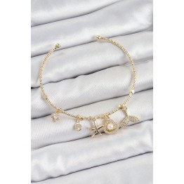 Pirinç Zirkon Taşlı İstiridye Ve Deniz Yıldızı Model Gold Renk Charm Bileklik TJ-BB7358