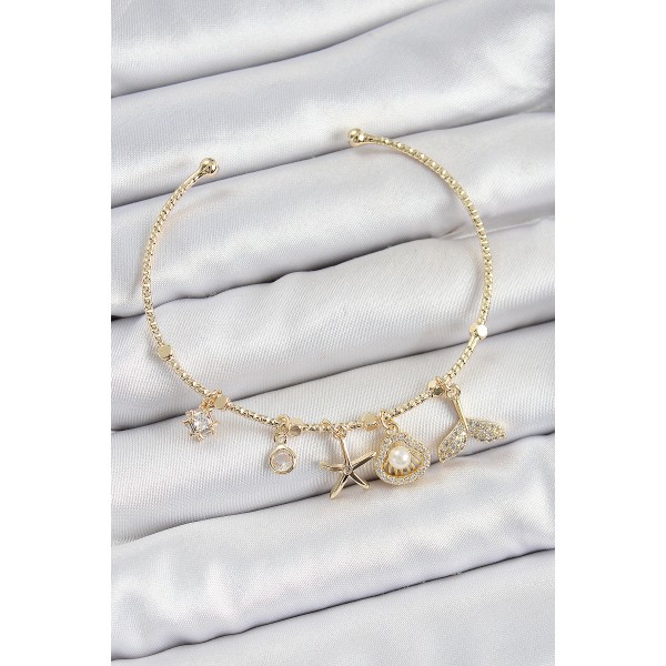 Pirinç Zirkon Taşlı İstiridye Ve Deniz Yıldızı Model Gold Renk Charm Bileklik - TJ-BB7358