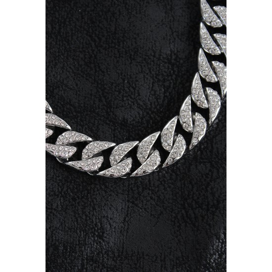 Pirinç Zirkon Taşlı Cuba Gurmet Model Gümüş Renk Erkek Kolye - TJ-ERK1404