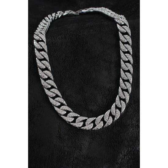 Pirinç Zirkon Taşlı Cuba Gurmet Model Gümüş Renk Erkek Kolye - TJ-ERK1404