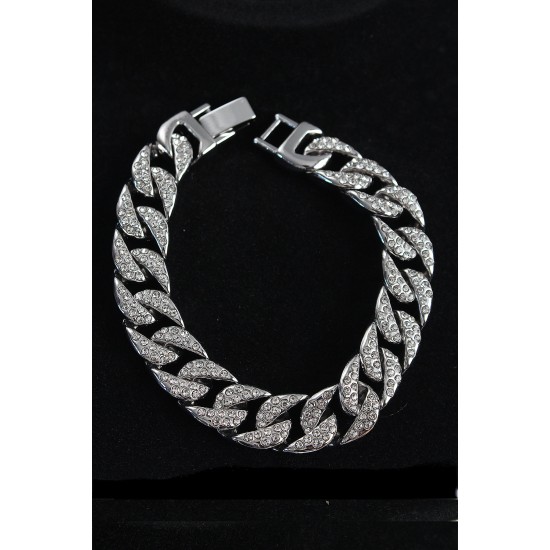 Pirinç Zirkon Taşlı Cuba Gurmet Model Gümüş Renk Erkek Bileklik - TJ-EB3751