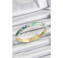 Mineli Pirinç Turkuaz Ve Mavi Çiçek Motifli Gold Renk Kadın Kelepçe - TJ-BB7367