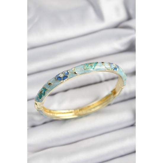 Mineli Pirinç Turkuaz Ve Mavi Çiçek Motifli Gold Renk Kadın Kelepçe - TJ-BB7367