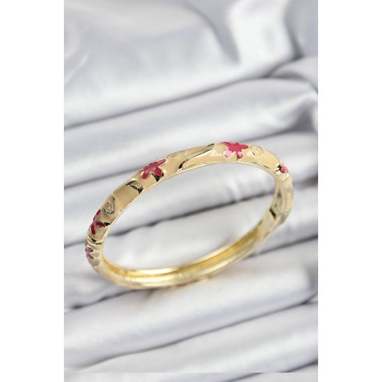 Mineli Pirinç Pembe Ve Krem Çiçek Motifli Gold Renk Kadın Kelepçe - TJ-BB7370