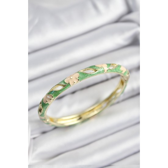 Mineli Pirinç Yeşil Ve Krem Çiçek Motifli Gold Renk Kadın Kelepçe - TJ-BB7371