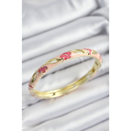 Mineli Pirinç Pembe Çiçek Motifli Gold Renk Kadın Kelepçe - TJ-BB7372