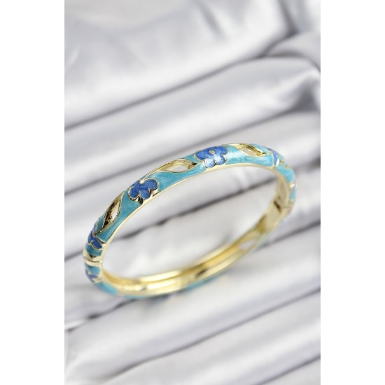 Mineli Pirinç Mavi Ve Turkuaz Çiçek Motifli Gold Renk Kadın Kelepçe - TJ-BB7374