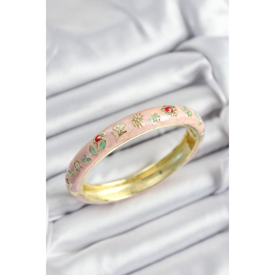 Mineli Pirinç Pembe Çiçek Motifli Gold Renk Kadın Kelepçe - TJ-BB7375