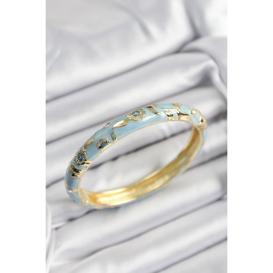 Mineli Pirinç Mavi Çiçek Motifli Gold Renk Kadın Kelepçe - TJ-BB7376