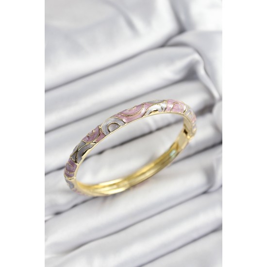 Mineli Pirinç Gri Ve Pembe Sarmal Motifli Gold Renk Kadın Kelepçe - TJ-BB7383