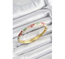 Mineli Pirinç Pembe Yeşil Ve Krem Çiçek Motifli Gold Renk Kadın Kelepçe - TJ-BB7386