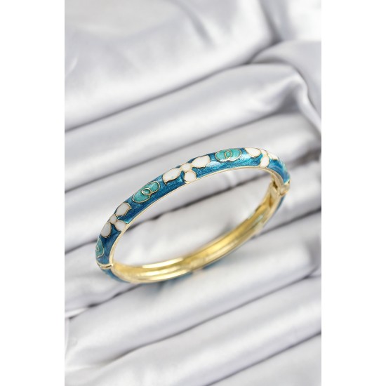 Mineli Pirinç Mavi Ve Beyaz Çiçek Motifli Gold Renk Kadın Kelepçe - TJ-BB7390