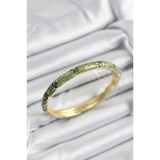 Mineli Pirinç Yeşil Çiçek Motifli Gold Renk Kadın Kelepçe - TJ-BB7391