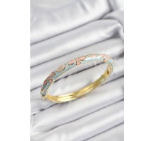 Mineli Pirinç Mavi Ve Pembe Çiçek Motifli Gold Renk Kadın Kelepçe - TJ-BB7392