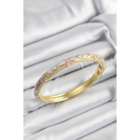 Mineli Pirinç Pembe Hardal Ve Krem Çiçek Motifli Gold Renk Kadın Kelepçe - TJ-BB7389