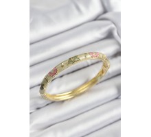 Mineli Pirinç Pembe Ve Yeşil Çiçek Motifli Gold Renk Kadın Kelepçe - TJ-BB7395