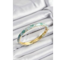 Mineli Pirinç Turkuaz Çiçek Motifli Gold Renk Kadın Kelepçe - TJ-BB7396