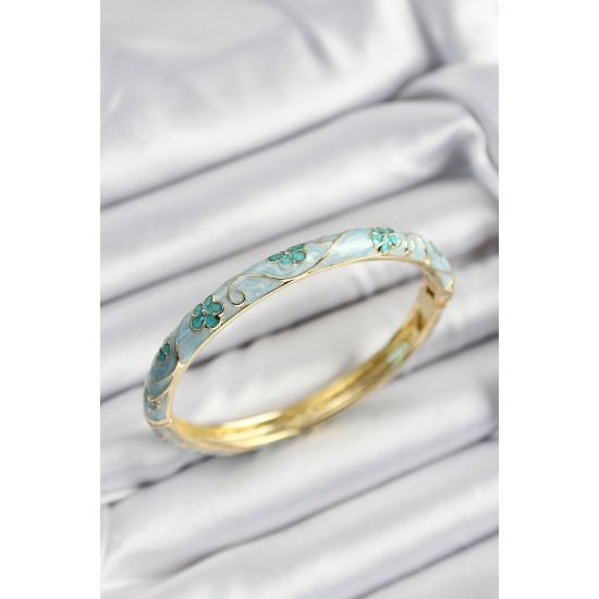 Mineli Pirinç Turkuaz Çiçek Motifli Gold Renk Kadın Kelepçe - TJ-BB7396