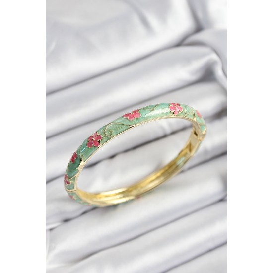 Mineli Pirinç Pembe Ve Yeşil Çiçek Motifli Gold Renk Kadın Kelepçe - TJ-BB7397