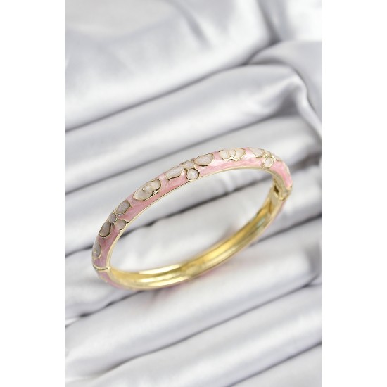 Mineli Pirinç Pembe Çiçek Motifli Gold Renk Kadın Kelepçe - TJ-BB7398