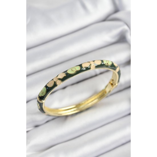 Mineli Pirinç Krem Ve Yeşil Çiçek Motifli Gold Renk Kadın Kelepçe - TJ-BB7400