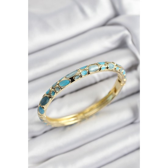 Mineli Pirinç Turkuaz Petek Motifli Gold Renk Kadın Kelepçe - TJ-BB7402