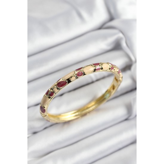 Mineli Pirinç Fuşya Ve Krem Petek Motifli Gold Renk Kadın Kelepçe - TJ-BB7403