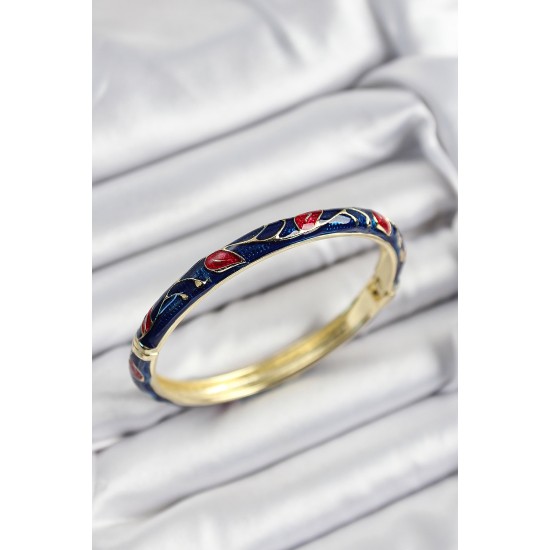 Mineli Pirinç Kırmızı ve Lacivert Yaprak Motifli Gold Renk Kadın Kelepçe - TJ-BB7407