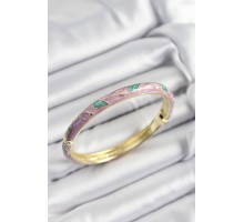 Mineli Pirinç Pembe Ve Yeşil Yaprak Motifli Gold Renk Kadın Kelepçe - TJ-BB7409