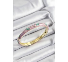 Mineli Pirinç Pembe Ve Yeşil Yaprak Motifli Gold Renk Kadın Kelepçe - TJ-BB7409