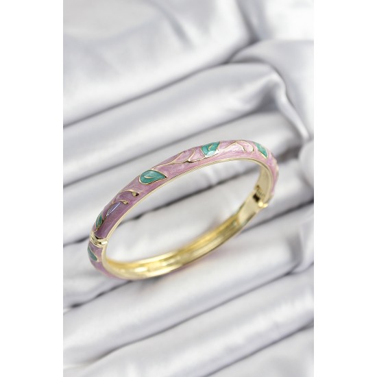 Mineli Pirinç Pembe Ve Yeşil Yaprak Motifli Gold Renk Kadın Kelepçe - TJ-BB7409
