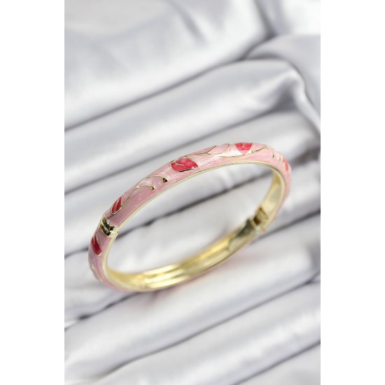 Mineli Pirinç Kırmızı ve Pembe Yaprak Motifli Gold Renk Kadın Kelepçe - TJ-BB7412