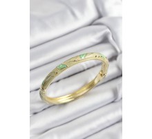 Mineli Pirinç Yeşil Yaprak Motifli Gold Renk Kadın Kelepçe - TJ-BB7413