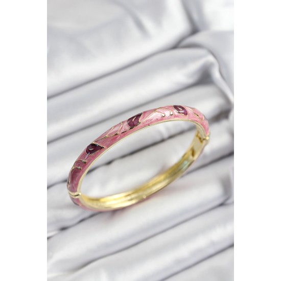 Mineli Pirinç Pembe Ve Fuşya Yaprak Motifli Gold Renk Kadın Kelepçe - TJ-BB7414