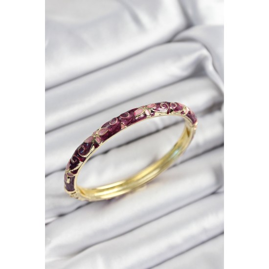 Mineli Pirinç Pembe Ve Fuşya Çiçek Motifli Gold Renk Kadın Kelepçe - TJ-BB7416
