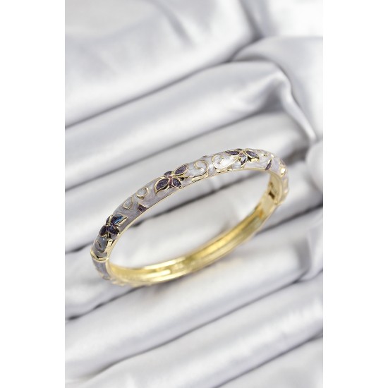 Mineli Pirinç Gri Çiçek Motifli Gold Renk Kadın Kelepçe - TJ-BB7418