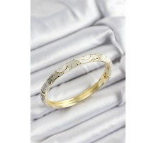 Mineli Pirinç Beyaz Ve Gri Sarmal Motifli Gold Renk Kadın Kelepçe - TJ-BB7420