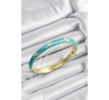 Mineli Pirinç Krem Ve Turkuaz Yaprak Motifli Gold Renk Kadın Kelepçe - TJ-BB7421