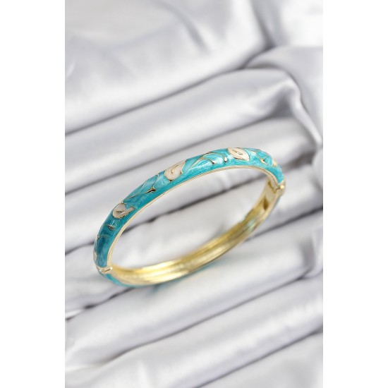 Mineli Pirinç Krem Ve Turkuaz Yaprak Motifli Gold Renk Kadın Kelepçe - TJ-BB7421