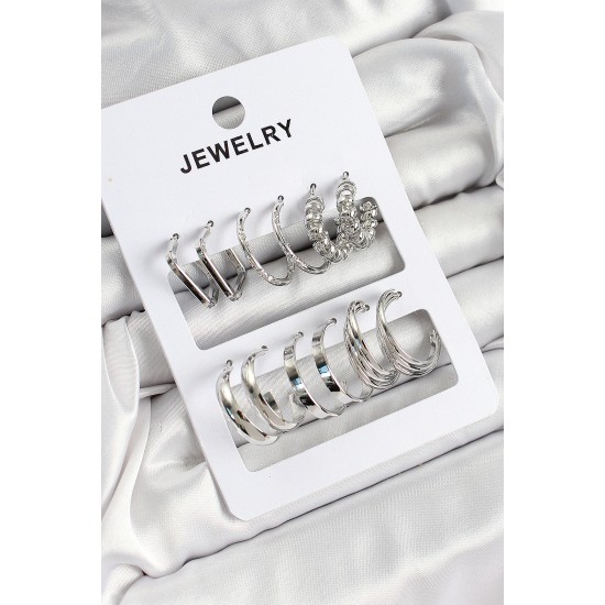 Pirinç Karışık Halka Model Gümüş Renk 6 Çift Kadın Küpe Set - TJ-BKP10888