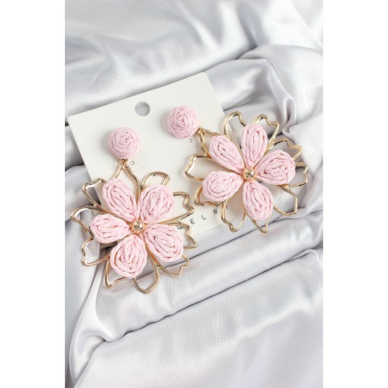 Pirinç Pembe Çiçek Model Gold Renk Kadın Hasır Küpe - TJ-BKP10890