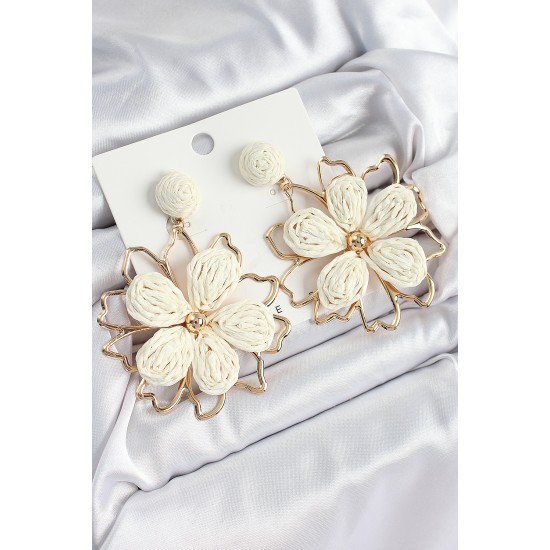 Pirinç Krem Çiçek Model Gold Renk Kadın Hasır Küpe - TJ-BKP10891