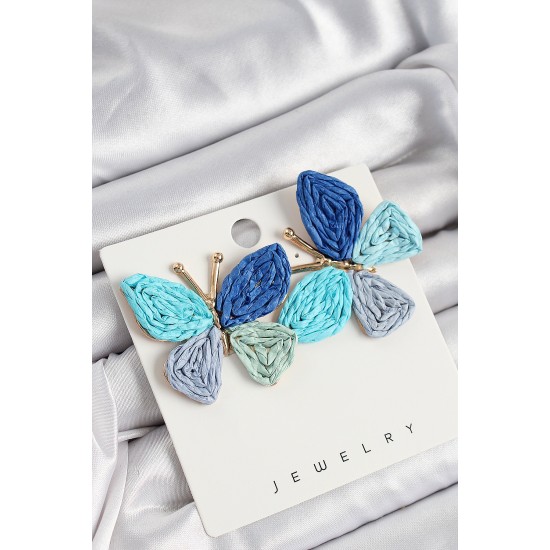 Pirinç Mavi Kelebek Model Gold Renk Kadın Hasır Küpe - TJ-BKP10894