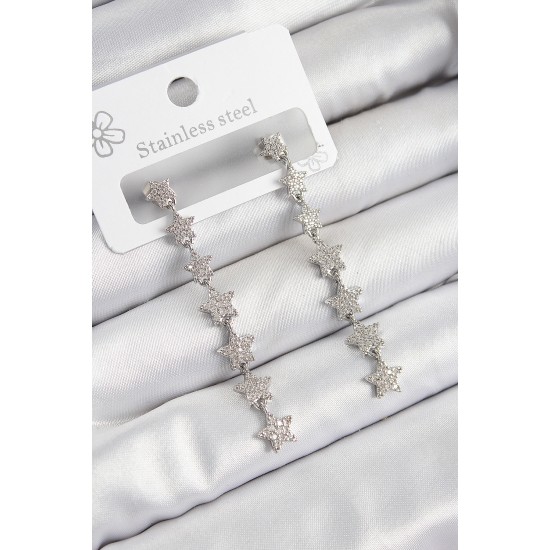 Pirinç Zirkon Taşlı Sallantılı Yıldız Model Gümüş Renk Kadın Küpe - TJ-BKP10911