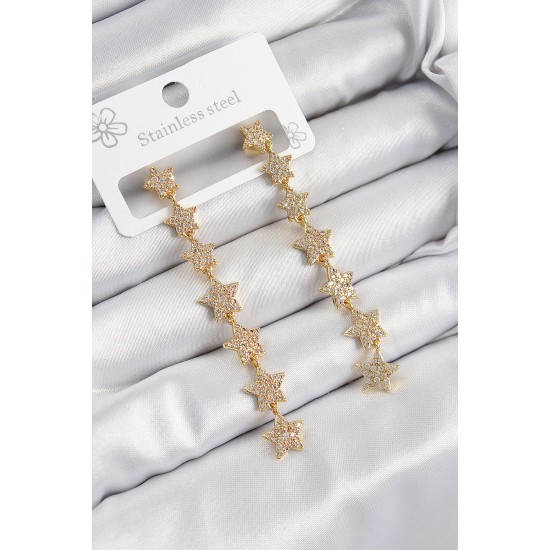 Pirinç Zirkon Taşlı Sallantılı Yıldız Model Gold Renk Kadın Küpe - TJ-BKP10912