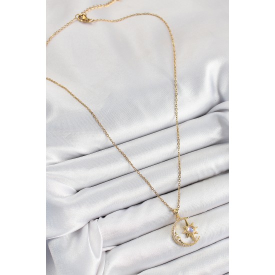 316L Çelik Zirkon Taşlı Kutup Yıldızlı Hilal Model Gold Renk Kadın Kolye - TJ-BKO10341