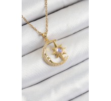 316L Çelik Zirkon Taşlı Kutup Yıldızlı Hilal Model Gold Renk Kadın Kolye - TJ-BKO10341
