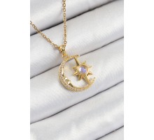 316L Çelik Zirkon Taşlı Kutup Yıldızlı Hilal Model Gold Renk Kadın Kolye - TJ-BKO10341